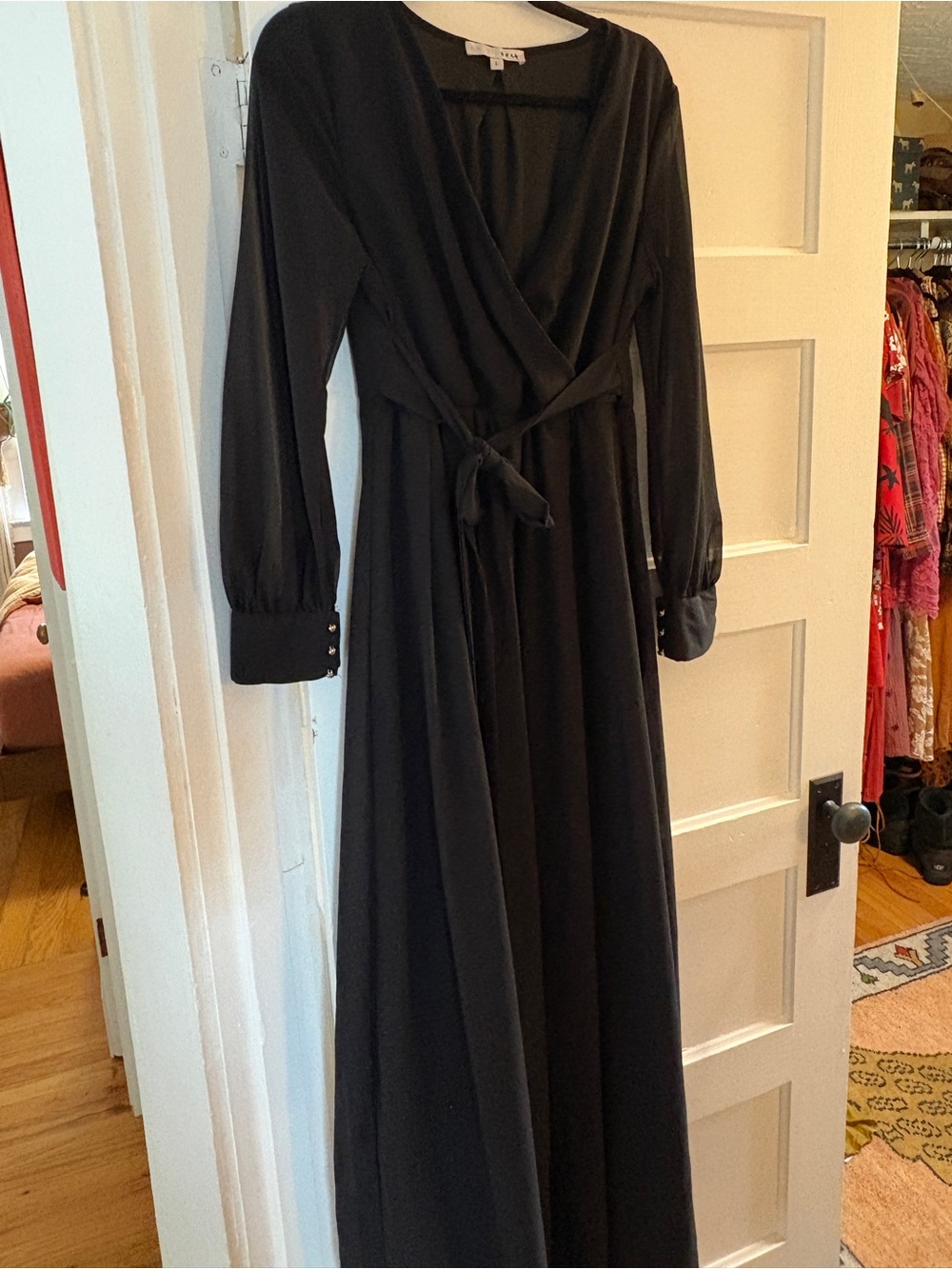 Baltic Born Black Faux Wrap Maxi Dress with Buttoned Cuffs